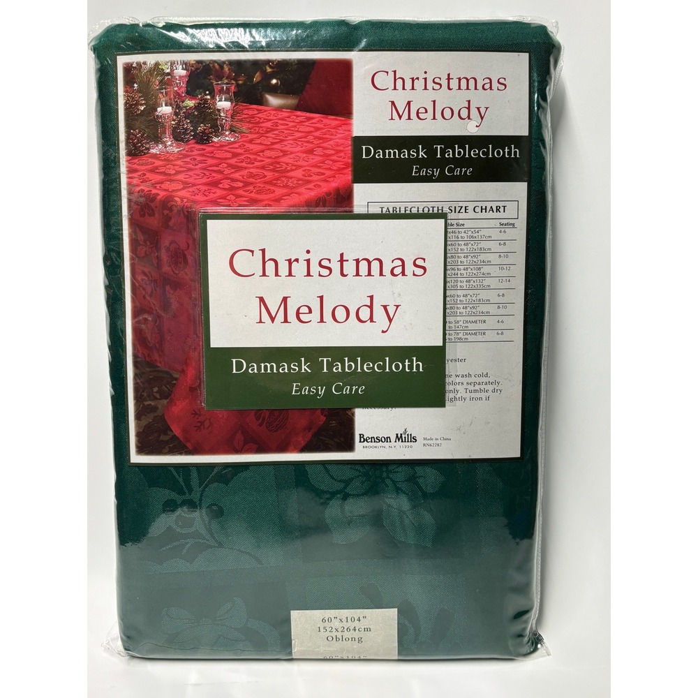 Benson Mills Christmas Melody Damask Tablecloth Hunter Green 60x104 Oblong NEW